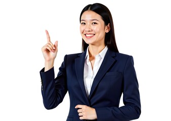 Beautiful Businesswoman pointing finger to the left, up, and right on white background.