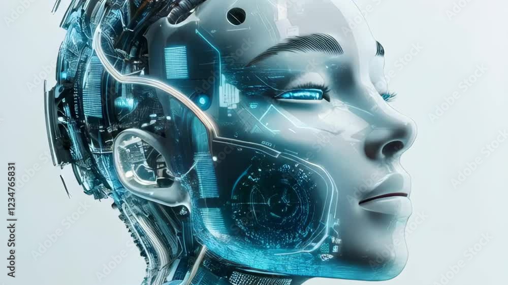 Poster futuristic ai robot profile with holographic interface display