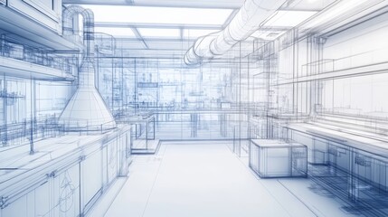 Artistic 3D wireframe rendering of a futuristic laboratory