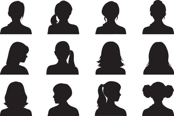Woman silhouette vector icon, woman head flat symbol and hairstyle silhouette in black color, isolated on a white background.