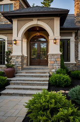 Elegant Stone House Exterior with Grand Entrance and Landscaping