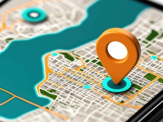 A close-up view of a digital map on a smartphone, featuring location markers and a water body in the background.