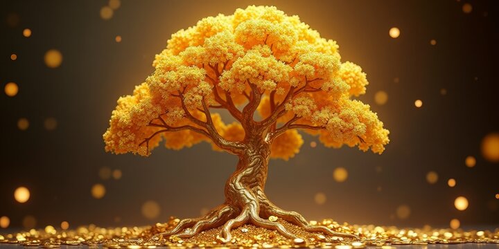 A majestic tree with golden leaves and a sturdy trunk, symbolizing growth and prosperity