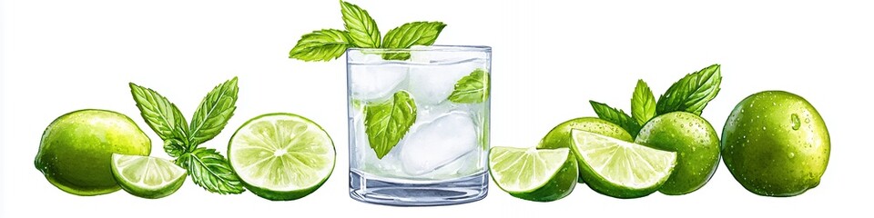 Obraz premium Invigorating Lime and Mint Drink: A Refreshing Summer Beverage Image with Sliced Limes and Fresh Mint