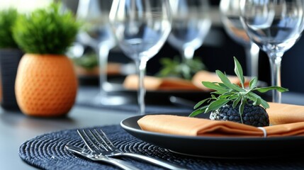 A beautifully set dining table featuring elegant glassware, orange napkins, and decorative greenery, creating a sophisticated ambiance for a meal.