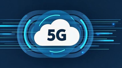 A bold cloud icon at the center, surrounded by fast-moving 5G waves, symbolizing ultra-fast real-time cloud data transfer