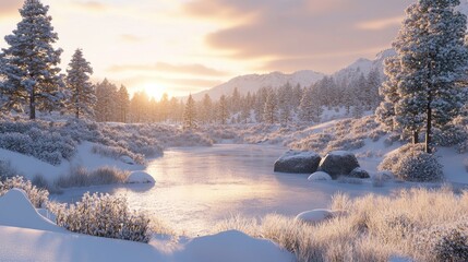 Naklejka premium Frozen lake sunrise winter mountain landscape, serene snowy scene, ideal for winter travel brochures