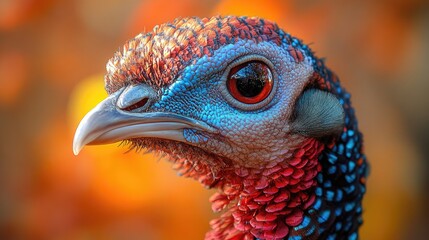 Detailed close-up of a vibrantly colored turkey head with intricate feather patterns and striking red eye