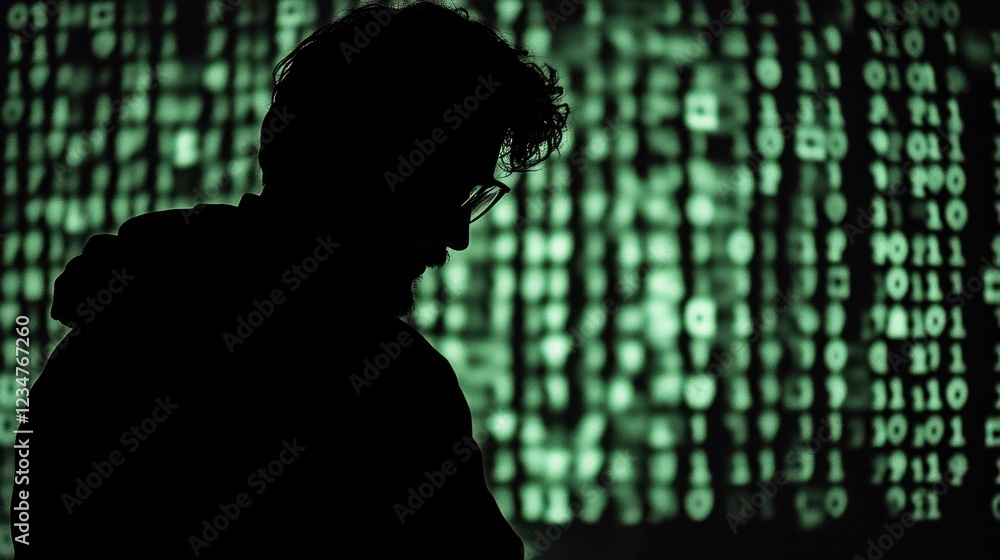 Poster silhouette of a man against a blurred green screen of binary code