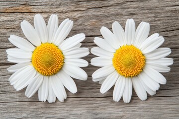 Obraz premium Two white daisies with yellow centers on a rustic wooden surface.