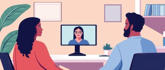 A couple is engaged in a video call with a professional, discussing matters in a cozy, modern home setting.