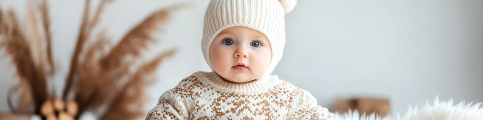 Fototapeta premium Adorable baby in cozy winter attire, looking directly at the camera.