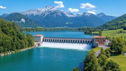 Alpine Dam Releases Water into Turquoise Lake, Mountains in Background