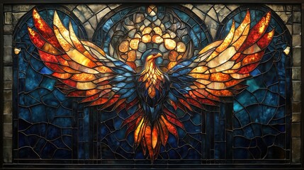 Fototapeta premium Phoenix Bloom, stained glass, Gothic style, Phoenix stained glass shards