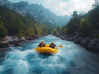 Two people rafting in a yellow inflatable boat down a rocky river between mountains