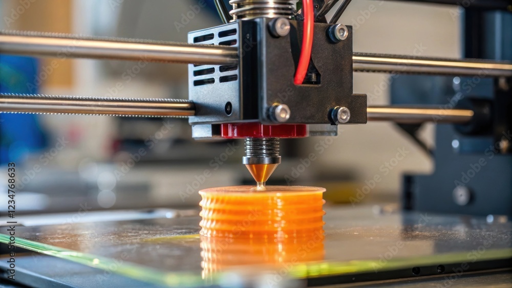 Poster modern 3d printer creating an orange prototype layer by layer, showcasing the precision and capabili