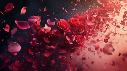 Red roses petals bloom, abstract dark background design