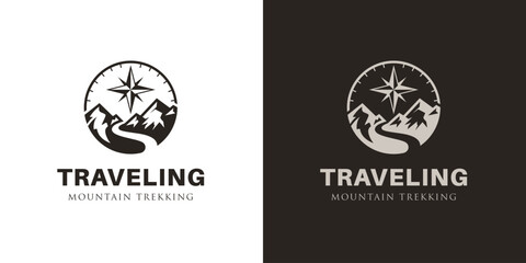Mountain with Compass logo design. Mount Peak for directions Travel Adventure Outdoor vector logo template