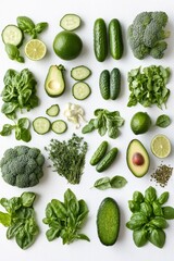 A vibrant array of green vegetables and herbs, including broccoli, cucumbers, avocados, and various leafy greens.