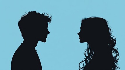 Male and female silhouette on blue background.