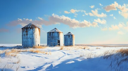 Silos in the prairies in a winter landscape