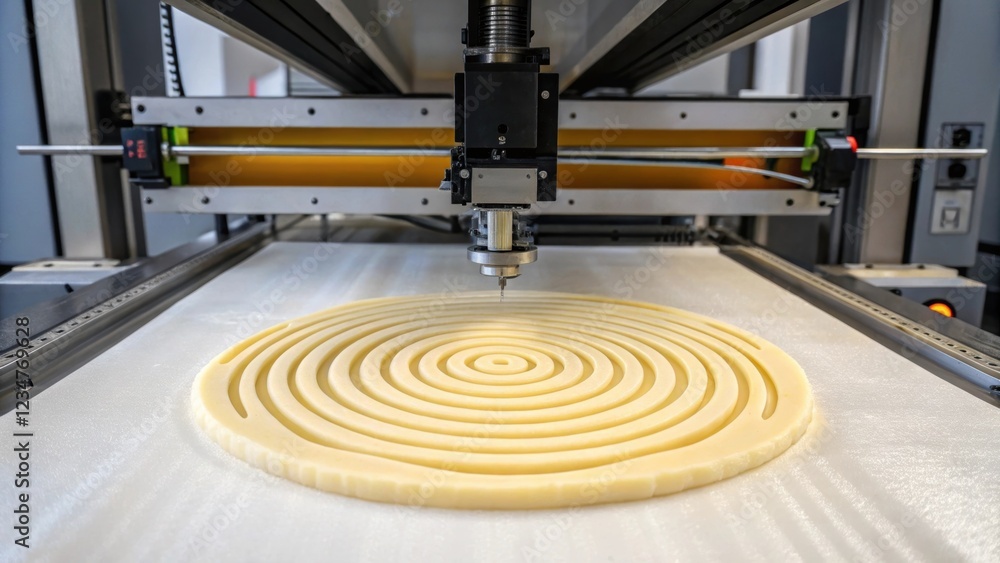Poster automated food printing machine creating concentric circles on a large circular piece of dough, show