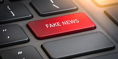 A red "Fake News" button on a keyboard, emphasizing the impact of digital misinformation and media bias. A symbolic representation of online deception and media awareness.