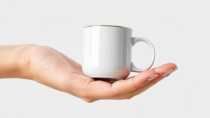 Hand holding a white coffee cup with golden rim for mockup and branding on light background
