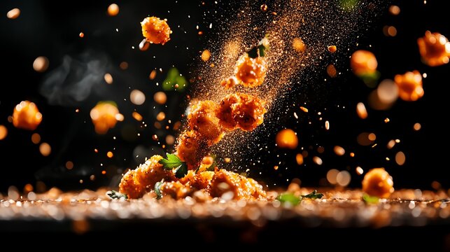 Food flying into the air with appetizing presentation in a dynamic culinary scene