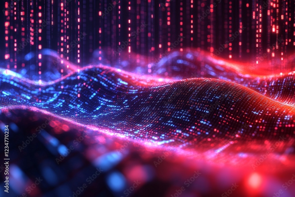 Poster Vibrant digital landscape with flowing lines and glowing patterns creates an immersive experience in futuristic design