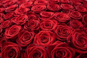 Crimson Splendor A Dense Tapestry of Vibrant Red Roses in Full Bloom Close-Up of Nature's Luxurious Texture Background.