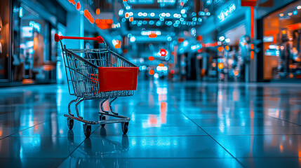 Shopping Cart in Brightly Lit Mall with Vibrant Colors and Reflective Floors