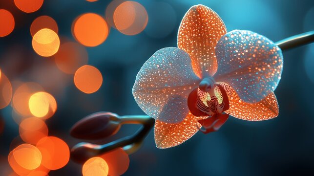 Dewy orchid blossom with bokeh lights background, spa decor