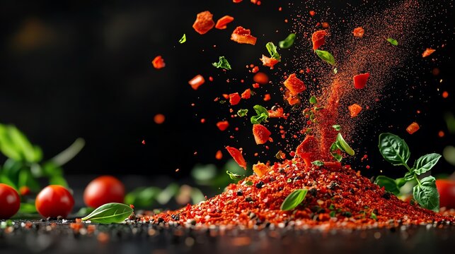 Red pepper powder with fresh basil leaves ripe tomatoes and assorted aromatic spices on a wooden surface