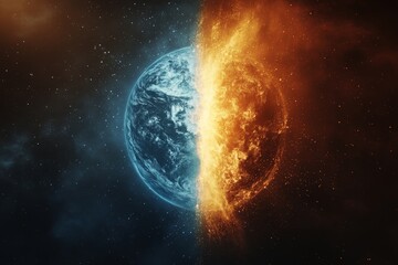 Obraz premium Planet Earth split between the cool blue of oceans and the fiery orange of a volcanically active surface