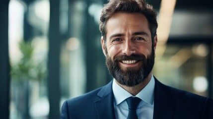 portrait of handsome man with beard and suit with blur background and copy space