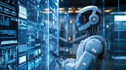 Fototapeta premium A futuristic humanoid robot interacts with a digital interface.