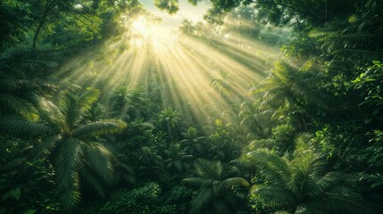 Obraz premium Sunlight streams through dense trees in a lush tropical rainforest during late afternoon