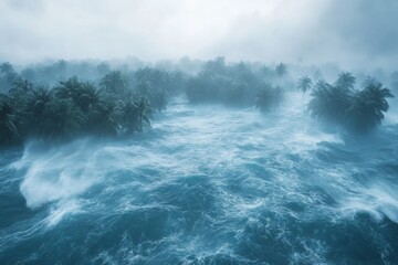 Obraz premium Stormy ocean waves crash against a dense tropical island landscape shrouded in misty weather conditions