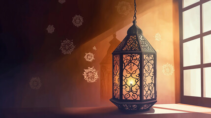 intricately designed ornate metal hanging lantern casting warm candlelit glow on windowsill with arabic stylistic influences in elegant islamic art and ramadan decoration style