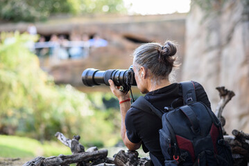 Wildlife photographer capturing animals at the zoo with telephoto lens