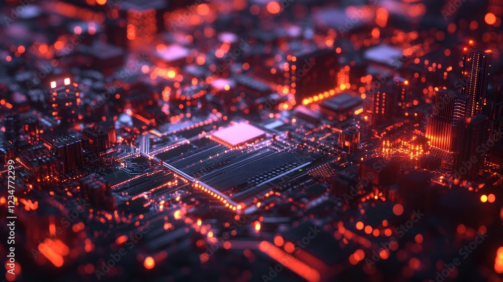 Poster a micro-cityscape of a computer circuit board