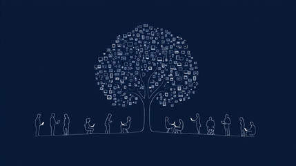 Creative collaboration blooms under a stylized tree illustrating shared ideas and projects in a digital age