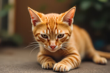 Obraz premium focused orange tabby cat with striking stripes, poised and alert