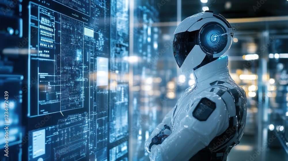 Poster futuristic robot observing data on a large screen