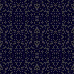 Vector golden geometric seamless pattern. Abstract texture with flower silhouettes, leaves, crosses, grid, outline shapes, repeat tiles. Simple ornamental black and gold background. Luxury geo design