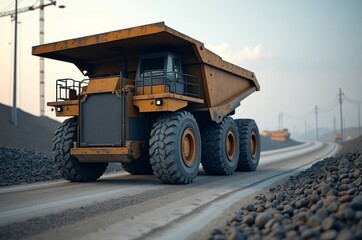 A large, yellow dump truck with a flatbed and oversized tires