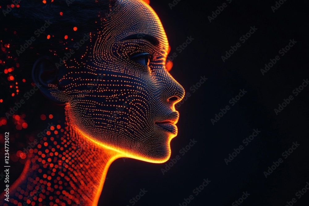 Poster portrait of a woman with glowing digital patterns depicting advanced technology and artificial intel