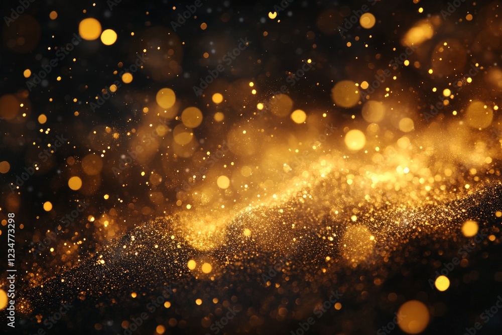 Poster Golden particles create a shimmering effect in a dark setting during a celebratory event