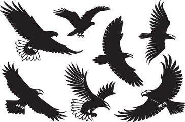 A variant style of eagle silhouette vector, flying bird silhouette, and flat bird icon illustration design, isolated on a white background.